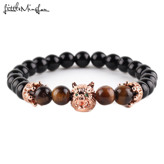 Wolf Head charm With Green CZ crown beads bracelet Animal Rivet Strand men Bracelet for Men Accessories Pulseira Masculina