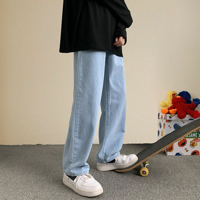 Streetwear Baggy Jeans Men Straight Wide Leg Pants Black Light Blue