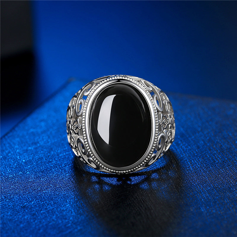 KOFSAC Classic Ethnic Style Hollow Carved Oval Black Agate Finger Jewelry Retro 925 Silver Rings For Men Accessories Daily Wear