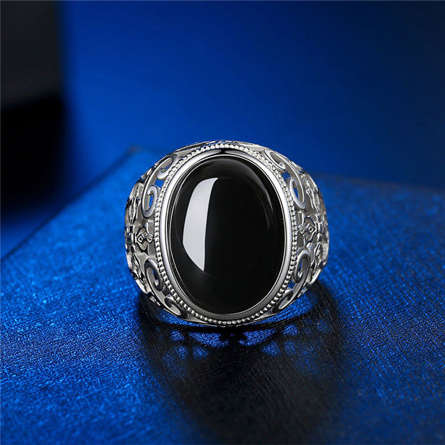 KOFSAC Classic Ethnic Style Hollow Carved Oval Black Agate Finger Jewelry Retro 925 Silver Rings For Men Accessories Daily Wear