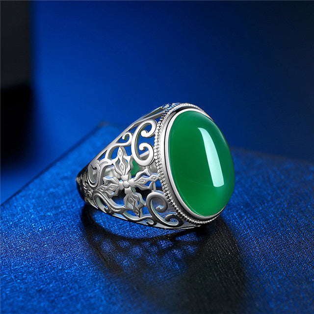 KOFSAC Classic Ethnic Style Hollow Carved Oval Black Agate Finger Jewelry Retro 925 Silver Rings For Men Accessories Daily Wear