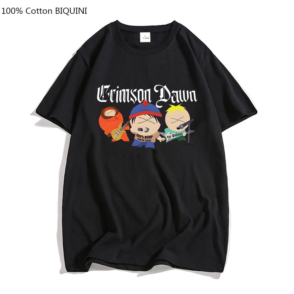 S-South Park Crimson Dawn T Shirts 100% Cotton Mens TShirt Aesthetic Clothes Summer Short Sleeve Hip Hop T-shirt Kawaii Tees Top