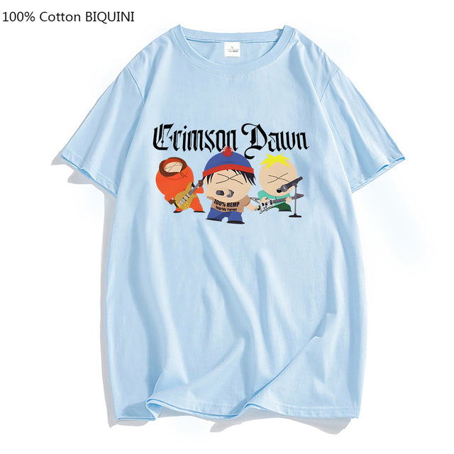 S-South Park Crimson Dawn T Shirts 100% Cotton Mens TShirt Aesthetic Clothes Summer Short Sleeve Hip Hop T-shirt Kawaii Tees Top
