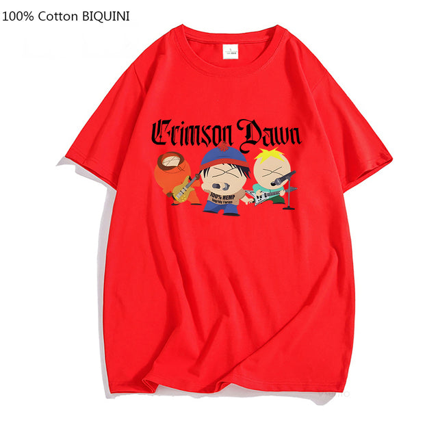 S-South Park Crimson Dawn T Shirts 100% Cotton Mens TShirt Aesthetic Clothes Summer Short Sleeve Hip Hop T-shirt Kawaii Tees Top