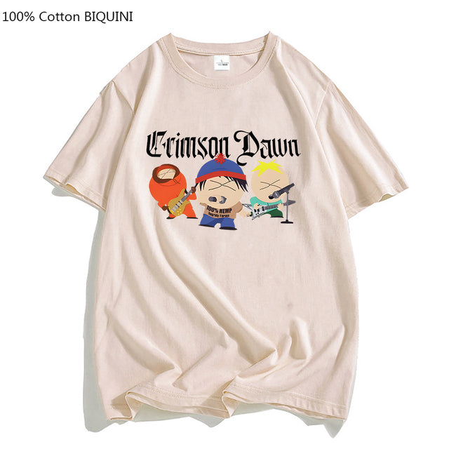 S-South Park Crimson Dawn T Shirts 100% Cotton Mens TShirt Aesthetic Clothes Summer Short Sleeve Hip Hop T-shirt Kawaii Tees Top