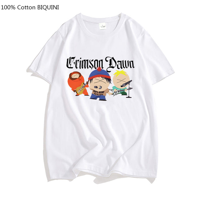 S-South Park Crimson Dawn T Shirts 100% Cotton Mens TShirt Aesthetic Clothes Summer Short Sleeve Hip Hop T-shirt Kawaii Tees Top