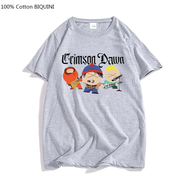 S-South Park Crimson Dawn T Shirts 100% Cotton Mens TShirt Aesthetic Clothes Summer Short Sleeve Hip Hop T-shirt Kawaii Tees Top