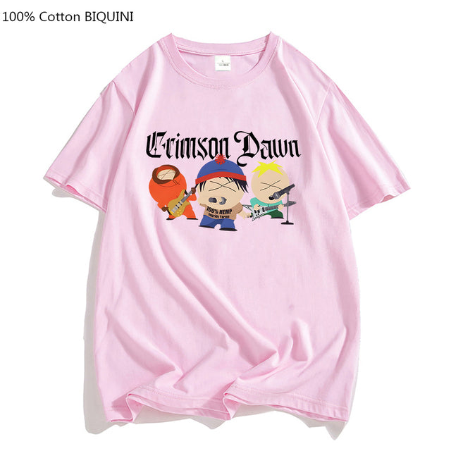 S-South Park Crimson Dawn T Shirts 100% Cotton Mens TShirt Aesthetic Clothes Summer Short Sleeve Hip Hop T-shirt Kawaii Tees Top