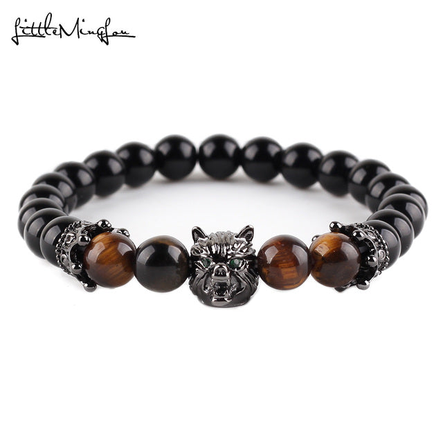 Wolf Head charm With Green CZ crown beads bracelet Animal Rivet Strand men Bracelet for Men Accessories Pulseira Masculina