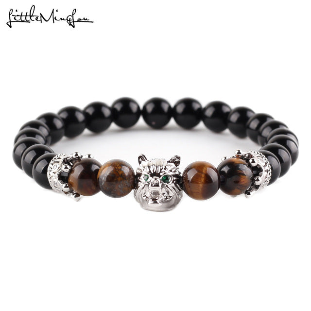 Wolf Head charm With Green CZ crown beads bracelet Animal Rivet Strand men Bracelet for Men Accessories Pulseira Masculina